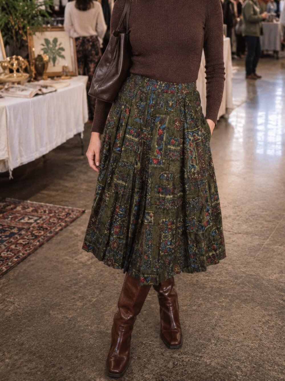 Geiger Vintage Tapestry Wool Blend Pleated Midi Skirt EU 40